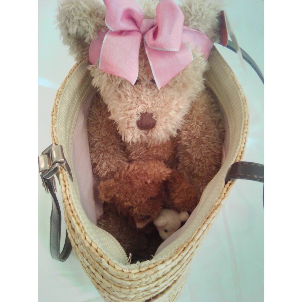 ADORABLE Russ Marmie Teddy Bear with Baby Bears & Lancome promotional straw bag.
